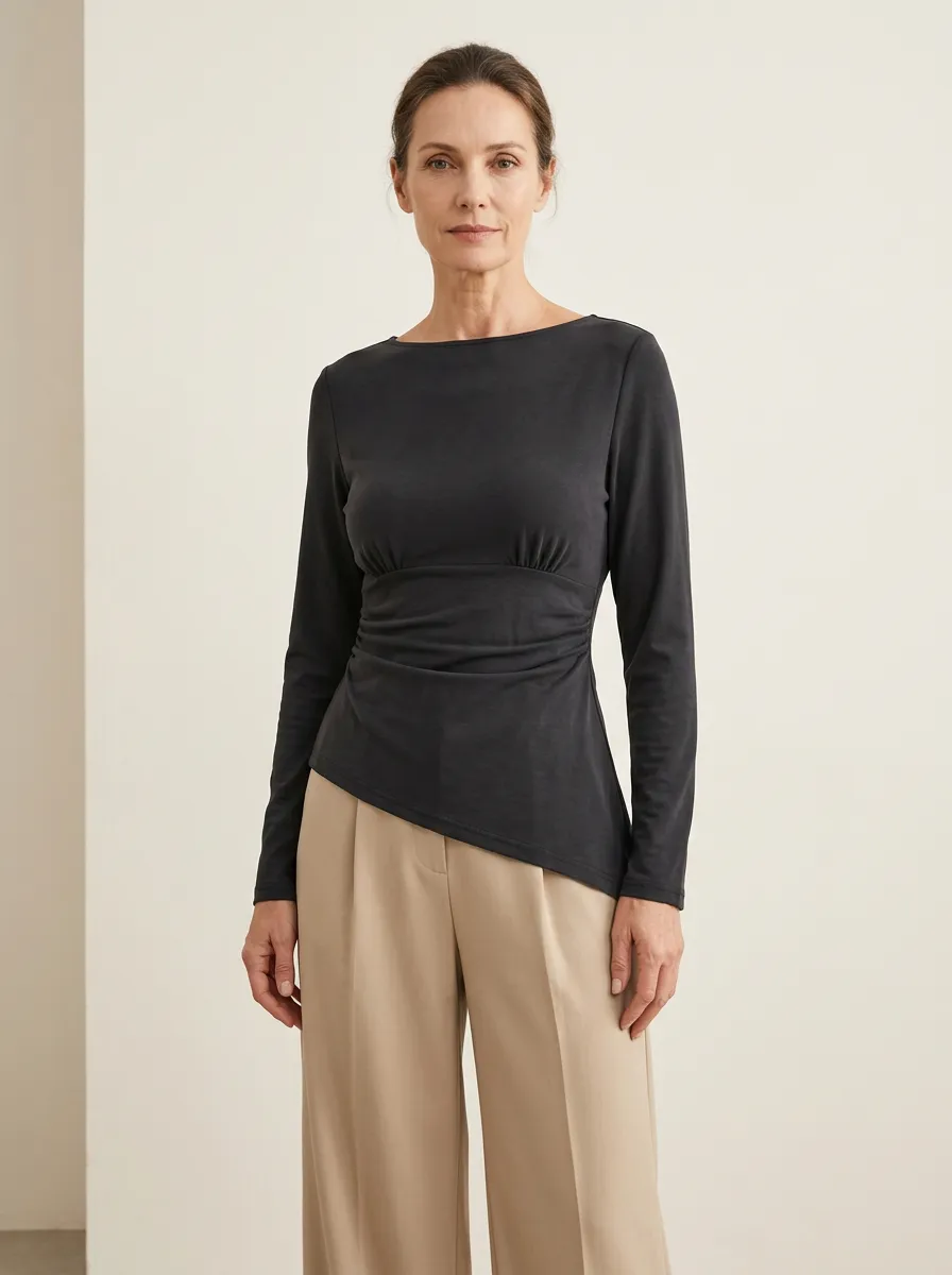 Waist-Ruched Ruched Asymmetric-Hem Long-Sleeve Top