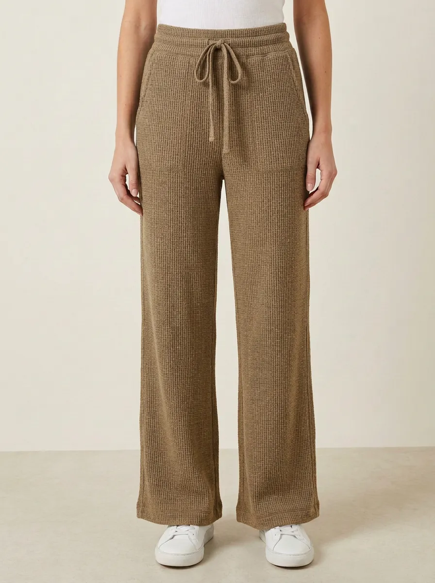 Women's Casual Lounge Waffle Knit Drawstring Wide Leg Pants