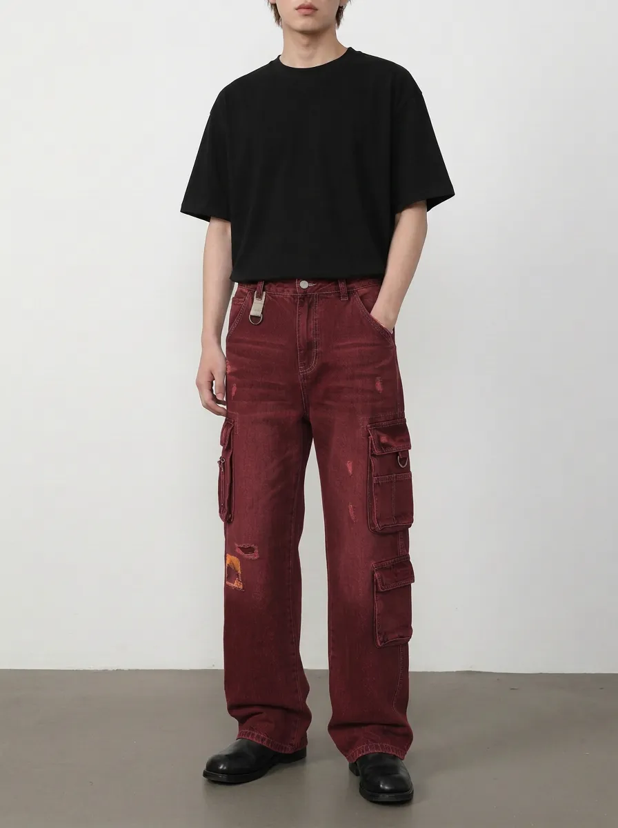 Men's Streetwear Distressed Patchwork Multi-Pocket Cargo Pants
