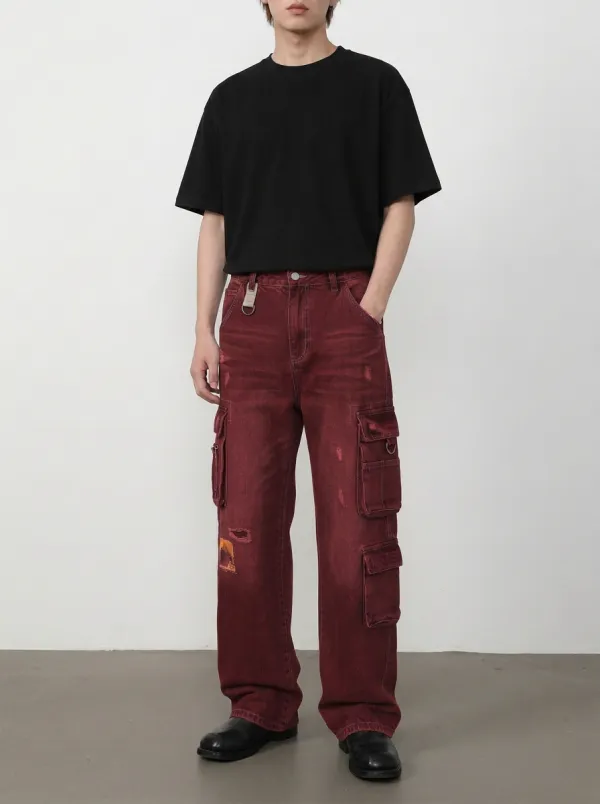 Men's Streetwear Distressed Patchwork Multi-Pocket Cargo Pants