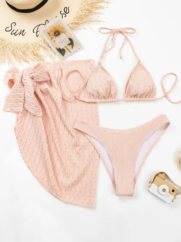 Lace Up Textured Layered Bikini Swim Set