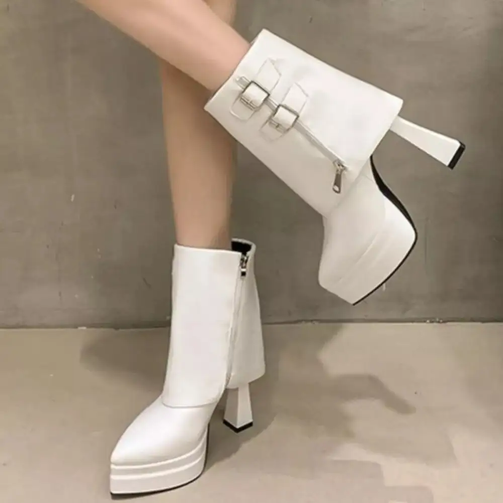 Buttoned Weekend Point Toe Block Heels Boots