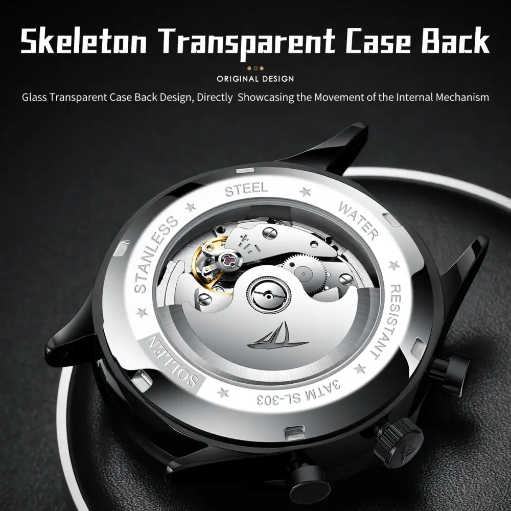 Sollen SL303 Men's Multi-Function Automatic Mechanical Watch - 41.5mm Stainless Steel Case Sun & Moon Phase Calendar Dial Wristwatch