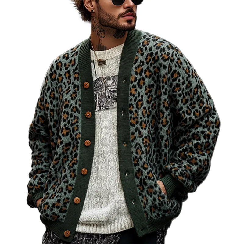 Jacquard Knit Leopard Print Cardigan