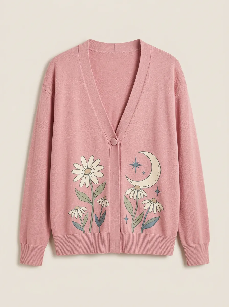 Women's V-Neck Button-Front Graphic Floral Moon Cardigan