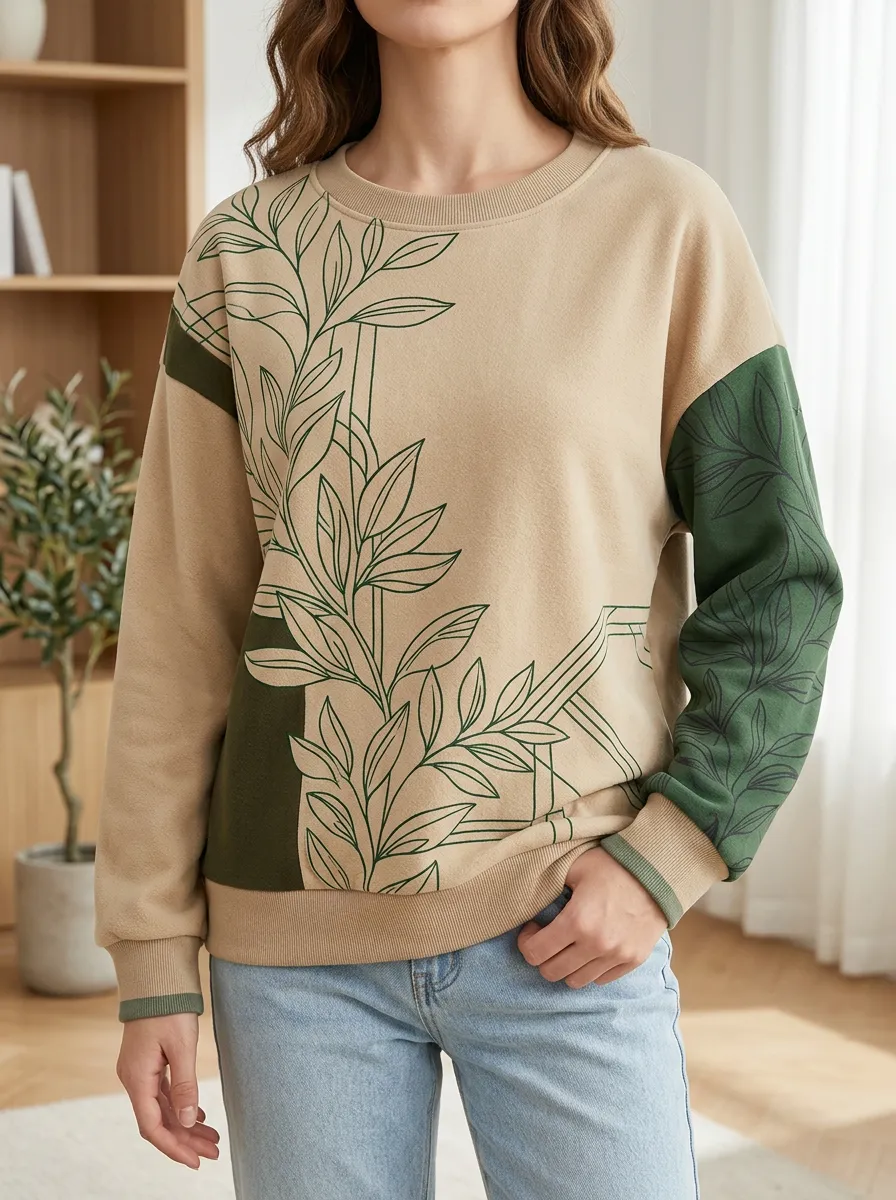 Women's Botanical Leaf Print Colorblock Fleece Sweatshirt