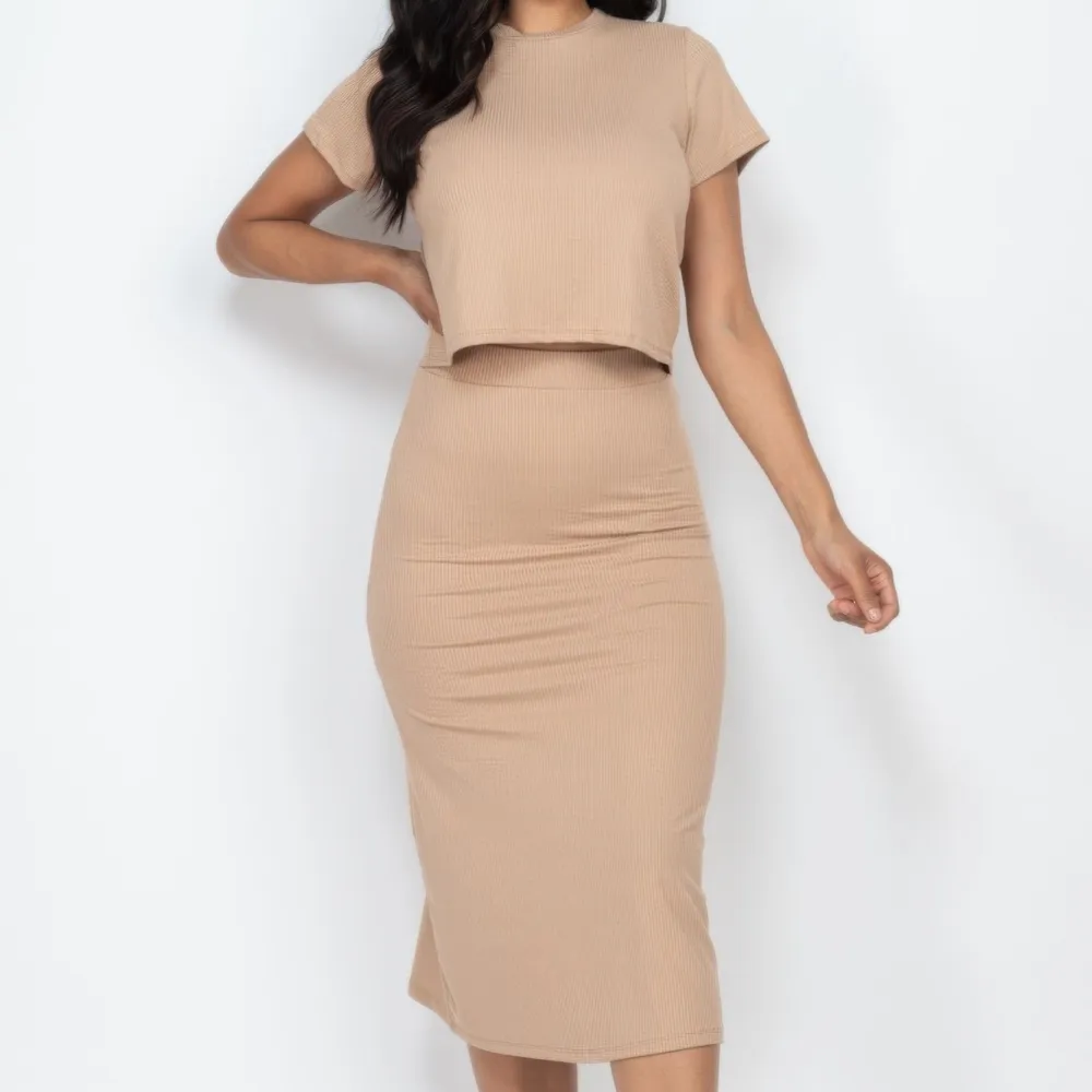 Short Sleeve Ribbed Top & Midi Skirt Set