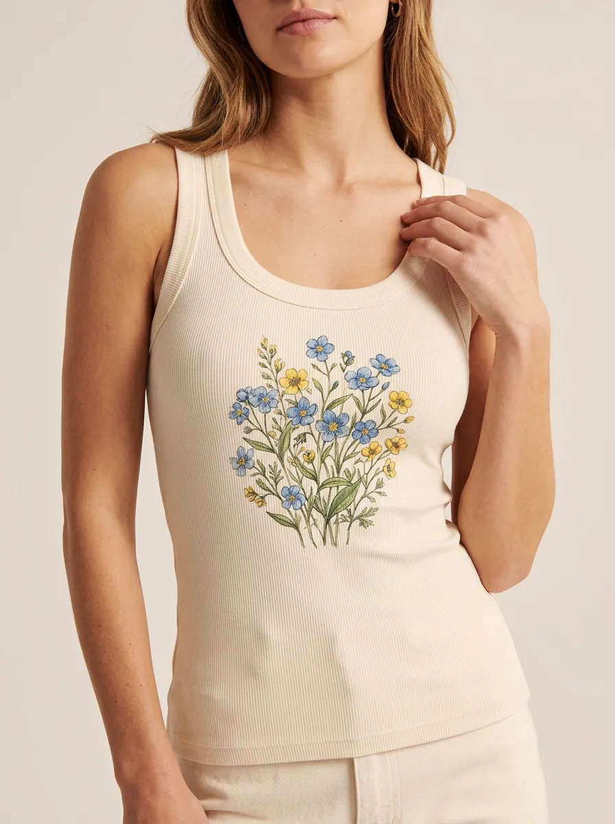 Women's Botanical Nature-Inspired Blue Yellow Wildflower Printed Tank Top