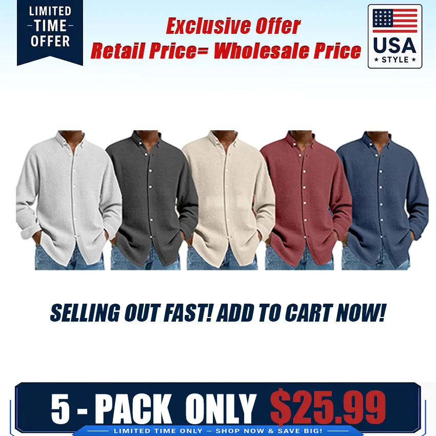 Men's Solid Color Waffle Knit Fashion Casual Long Sleeve Shirt Cardigan