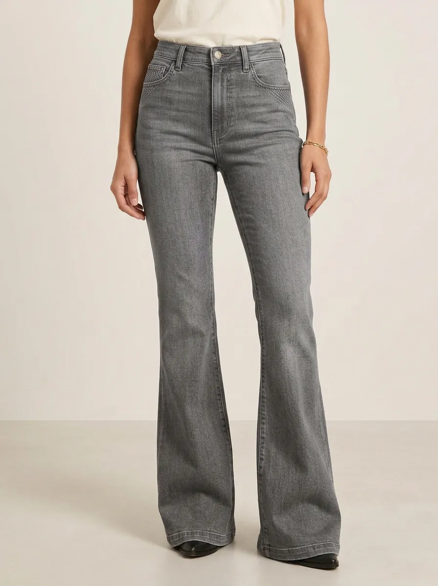 Faded Finish Printed Detail Flare Jeans