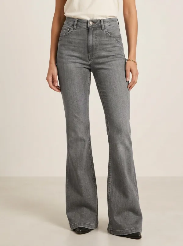 Faded Finish Printed Detail Flare Jeans