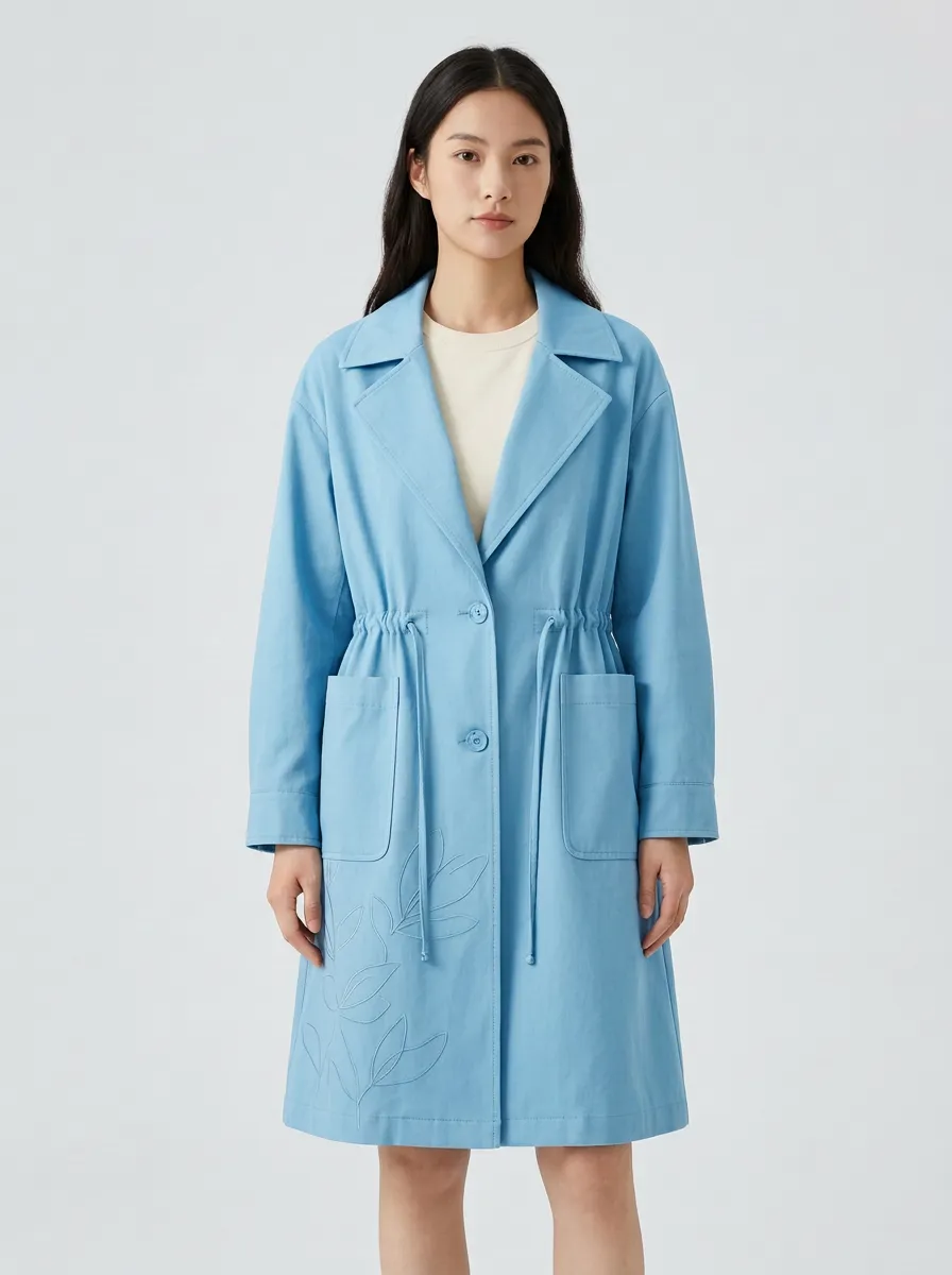 Botanical Nature Lover Leaf Embroidered Printed Trench Coat