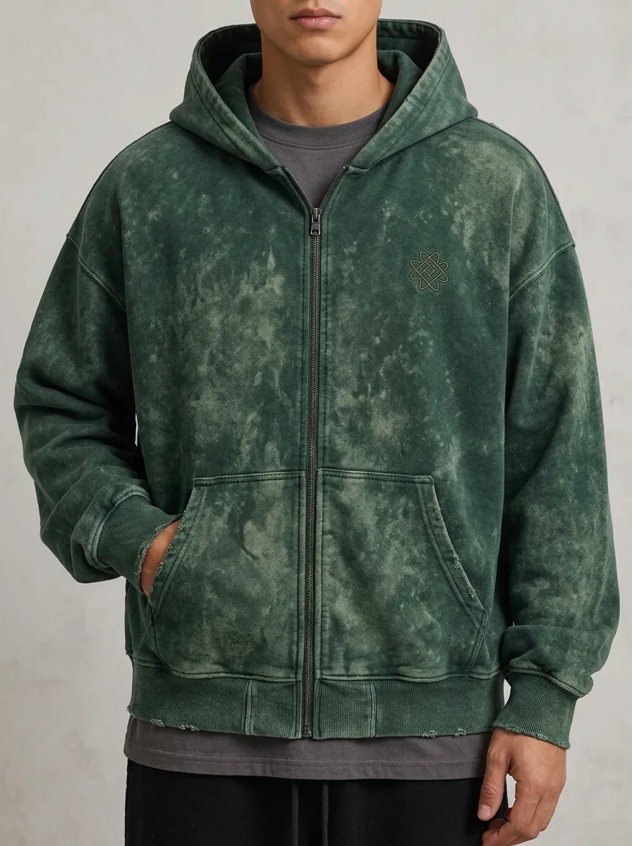 Men's Vintage Green Acid Wash Geometric Logo Printed Zip Hoodie