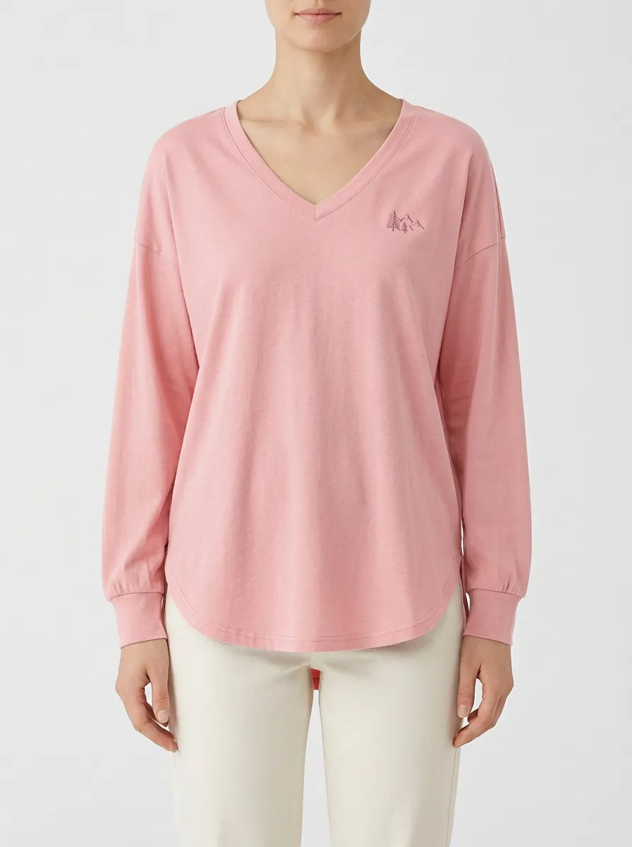 Women's V-Neck Long-Sleeve T-Shirt with Mountain Embroidery