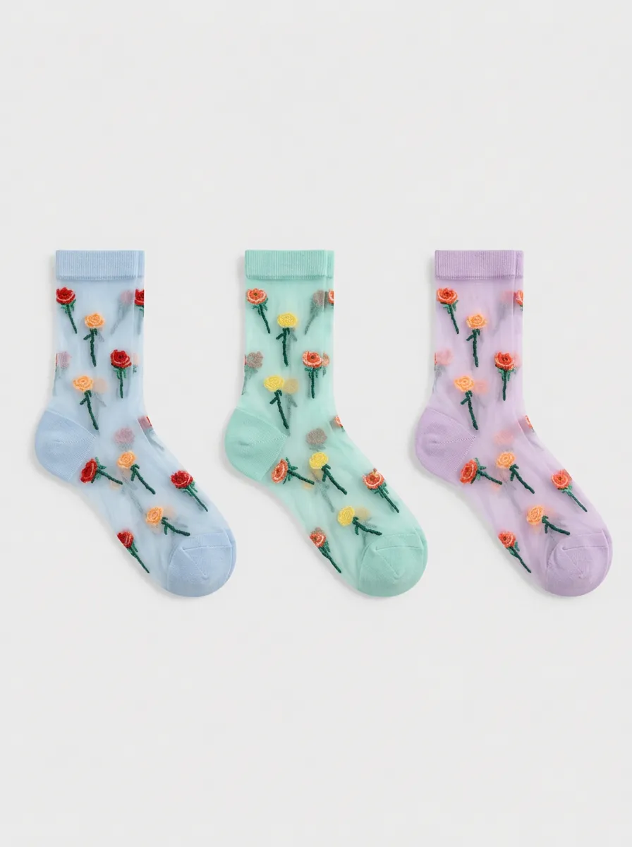 Women's Floral Lover Rose Embroidered Sheer Socks 3-Pack