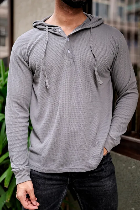 Grey Hooded Henley Style Casual Shirt