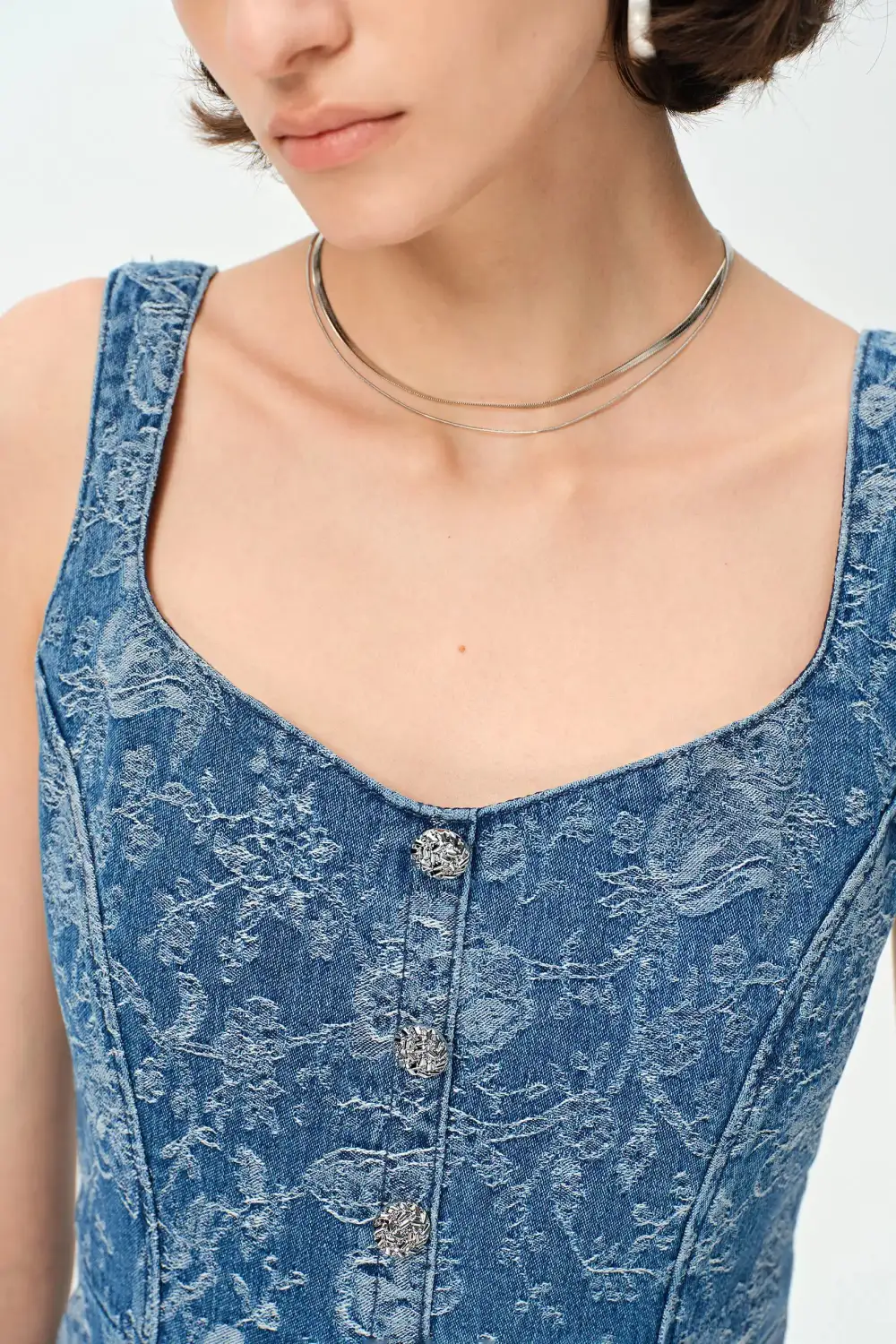 Floral Laser Cut Cotton Denim Maxi Dress
