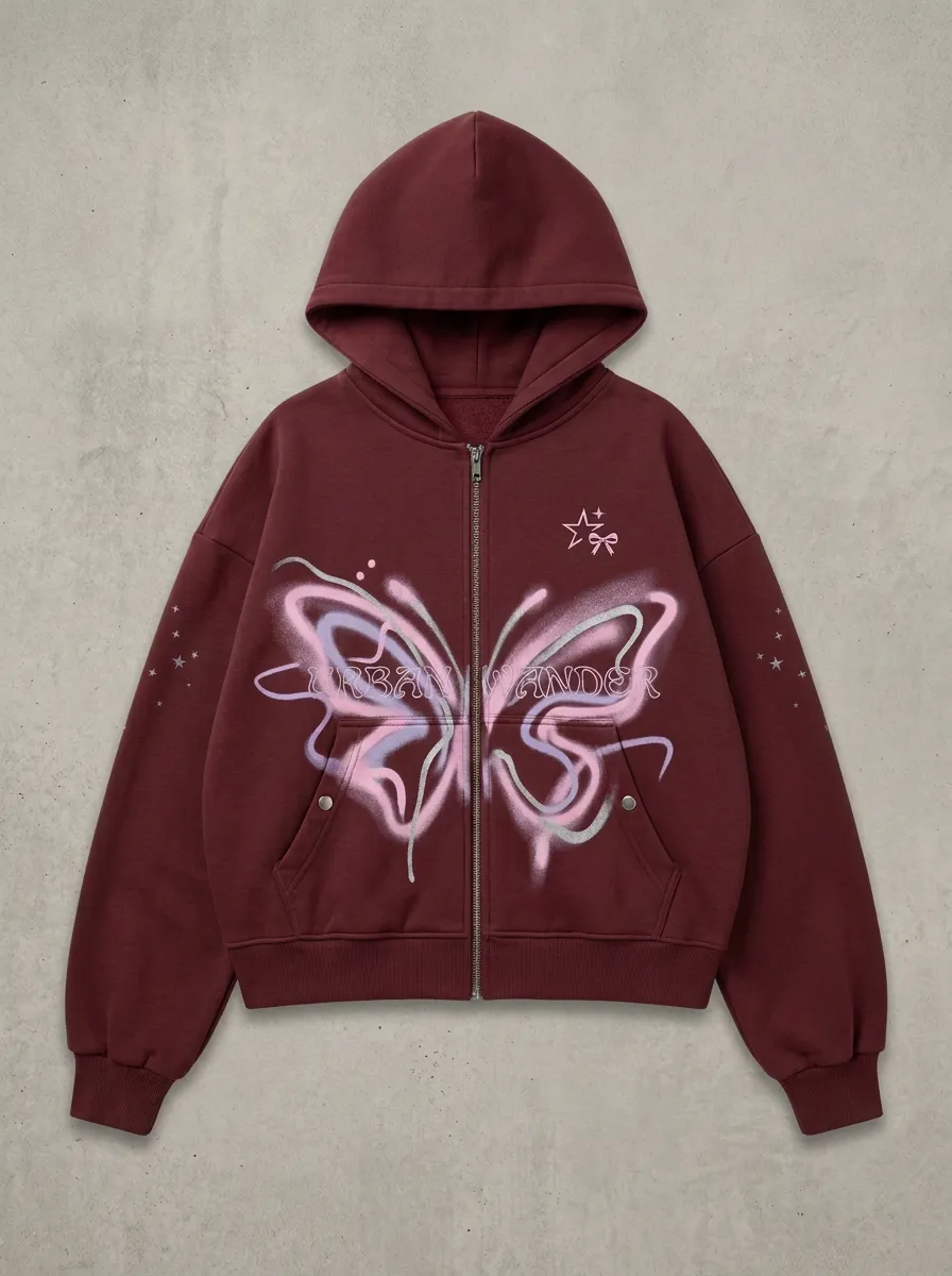Women's Streetwear Urban Wander Butterfly Spray Paint Printed Zip Up Hoodie