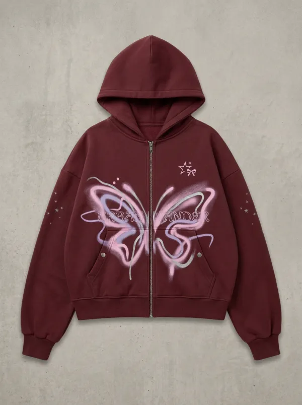 Women's Streetwear Urban Wander Butterfly Spray Paint Printed Zip Up Hoodie