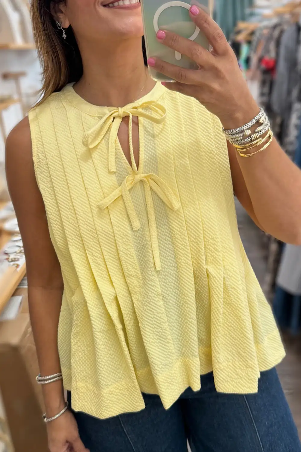 Notched-Neck Bow-Tie Pleated Relaxed-Fit  Tank Top