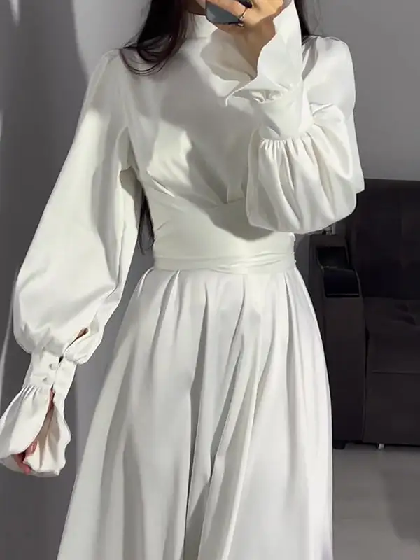 Sleeves Color Pleated Long Neck Maxi Dress