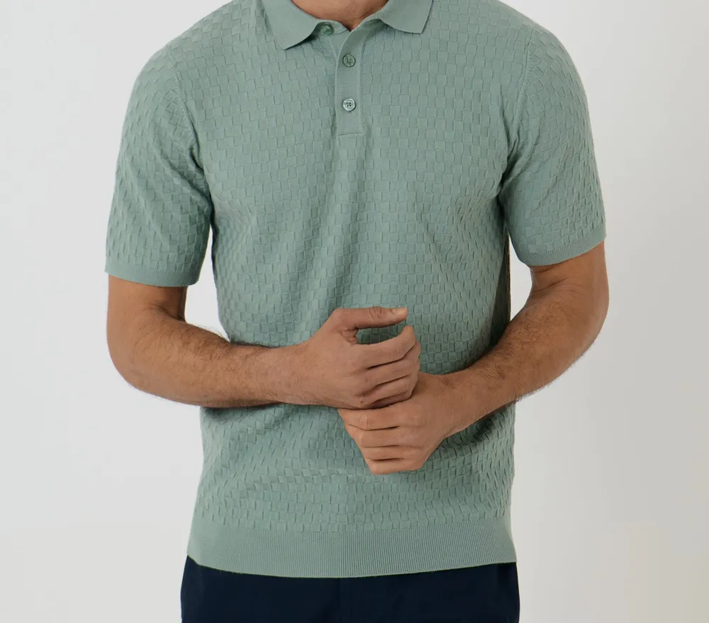 Men's Sage Green Basket Stitch Knitted Polo