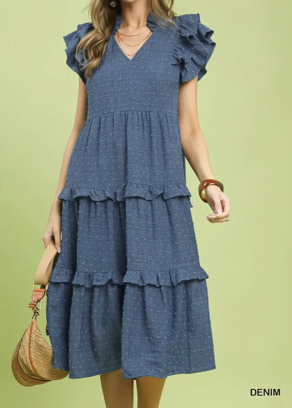Textured Ruffle Sleeve Tiered Midi Dress