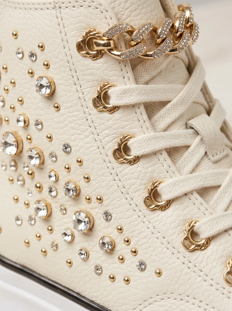 Lace-Detail Lace-Up High-Top Women's Rhinestone Platform Shoes