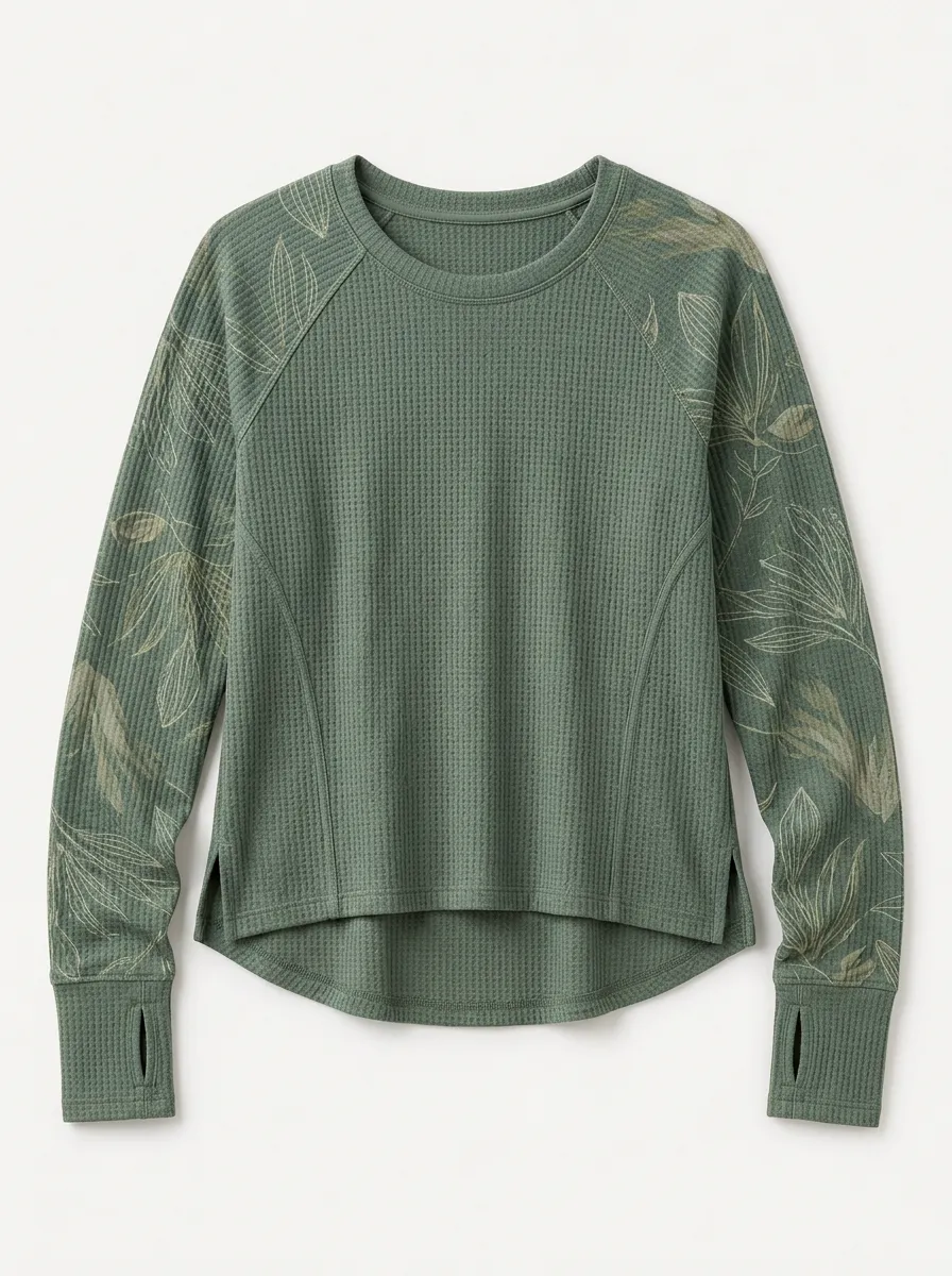 Women's Botanical Nature Lover Leaf Printed Waffle Knit Top