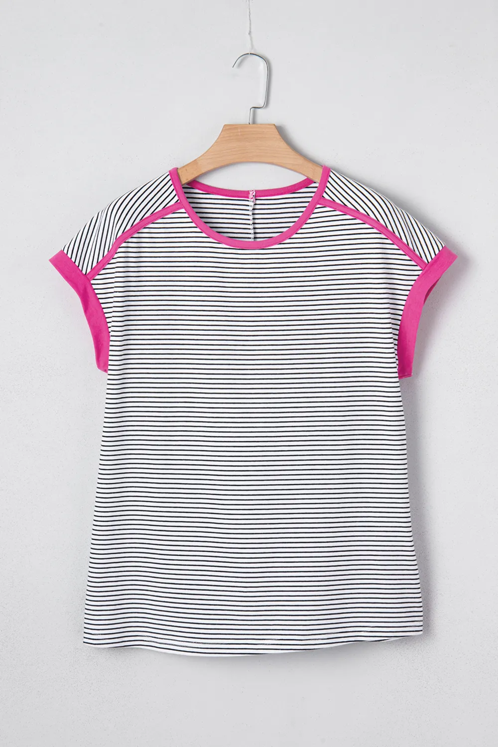 Rose Stripe Contrast Trim Round Tee
