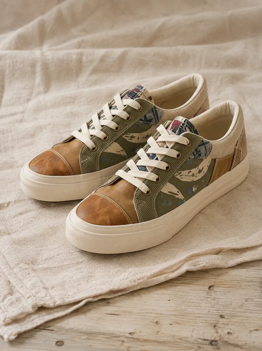 Women's Vintage Patchwork Olive Green Printed Canvas Sneakers