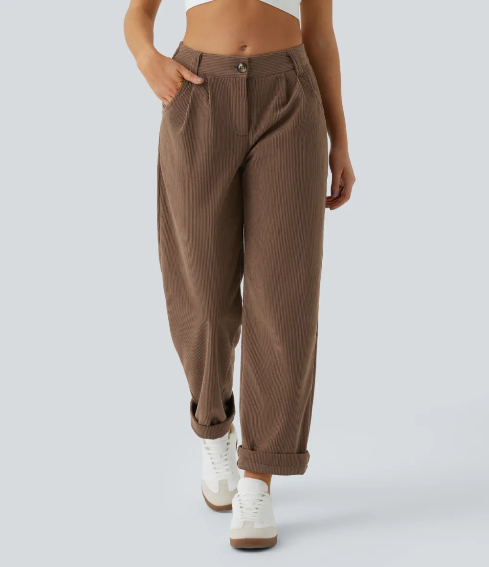 Mid Rise Button Zipper Side Pocket Corduroy Casual Pants