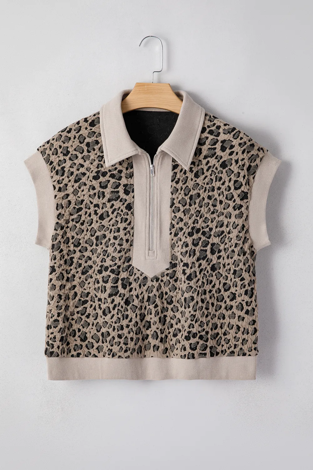 Beige Zip Up Collared Leopard Top