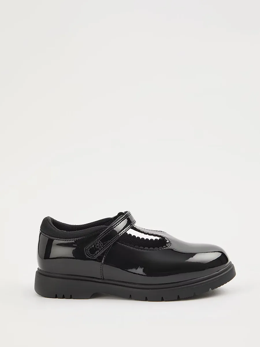 Wide Fit Black Patent Scallop T-Bar School Shoes