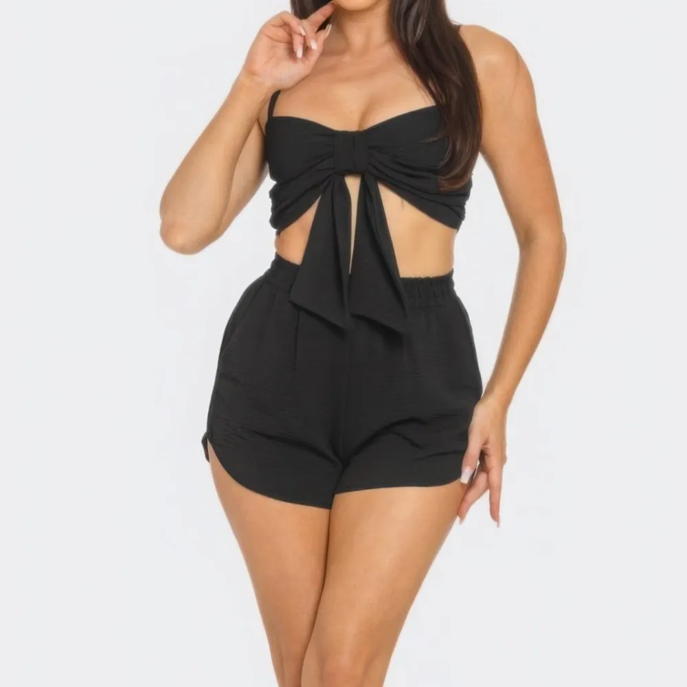 Relaxed Front Oversized Bow Twisted Tie Top And Shorts Set