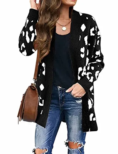Women's Long Sleeves Open Front Leopard Print Knitted Sweater Cardigan Coat Outwear