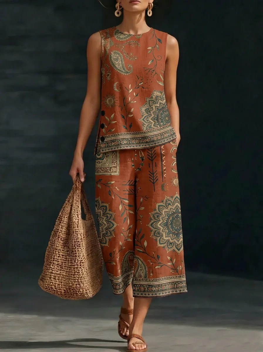 Women's Boho Style Paisley Mandala Printed Sleeveless Set
