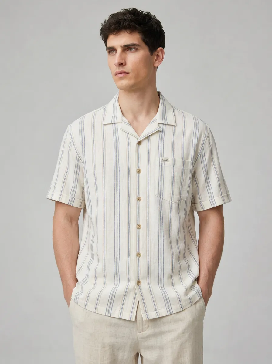 Men's Casual Summer Beach Striped Printed Short Sleeve Shirt