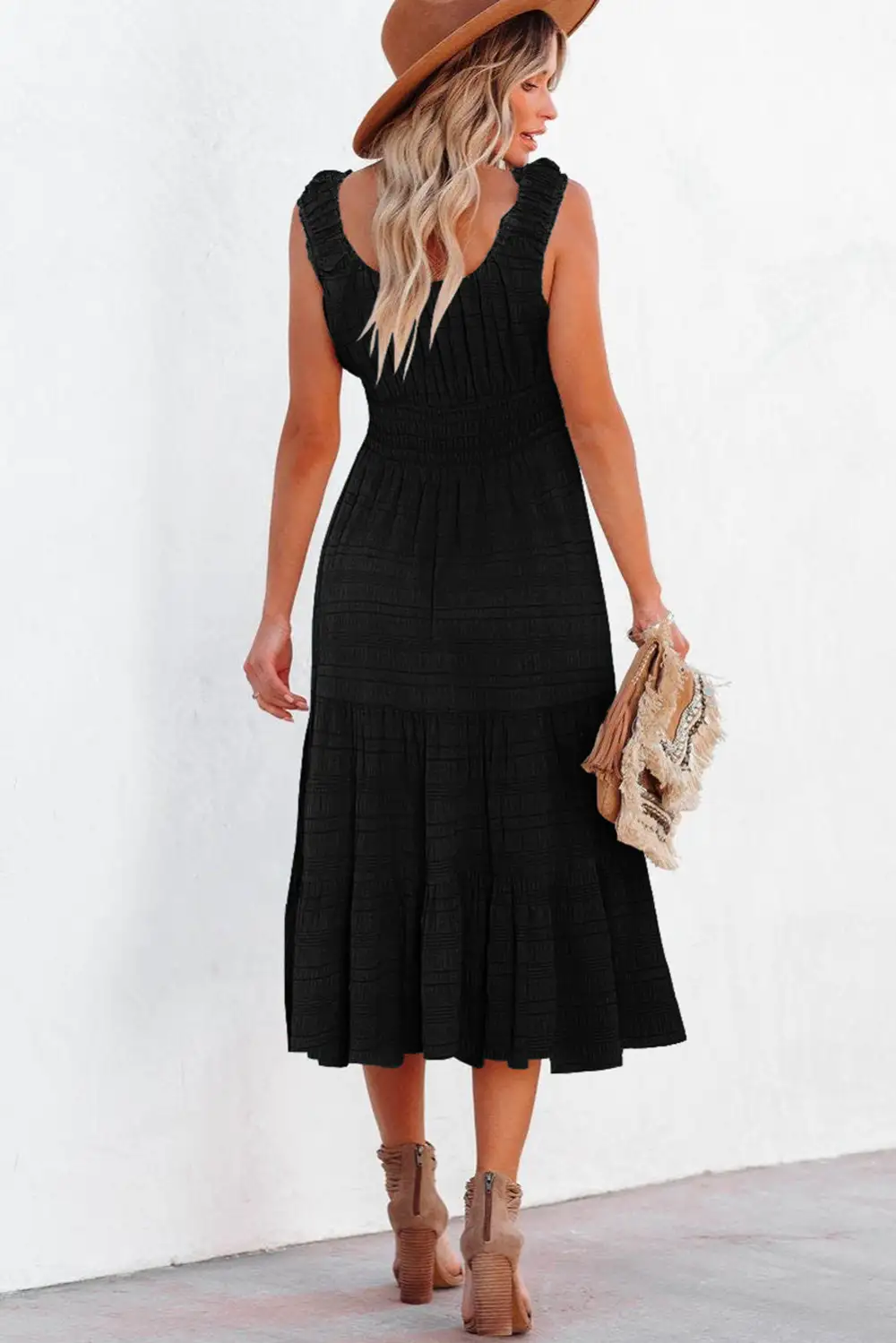 Square Neck Pleated Sleeveless Midi Dress