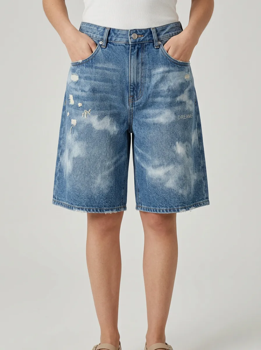 Dreamer Cloud Wash Distressed Graphic Denim Shorts