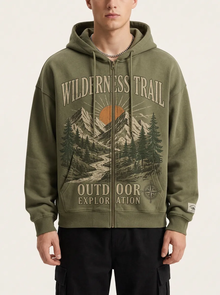 Men's Wilderness Trail Outdoor Exploration Mountain Printed Zip Hoodie