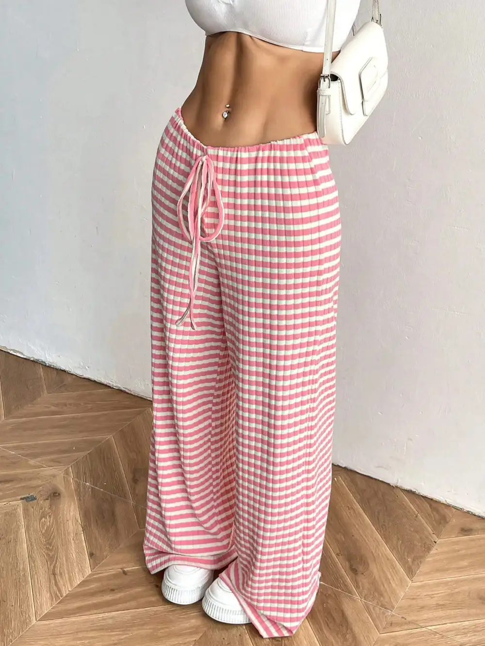 Relaxed Striped Wide Leg Drawstring Pants