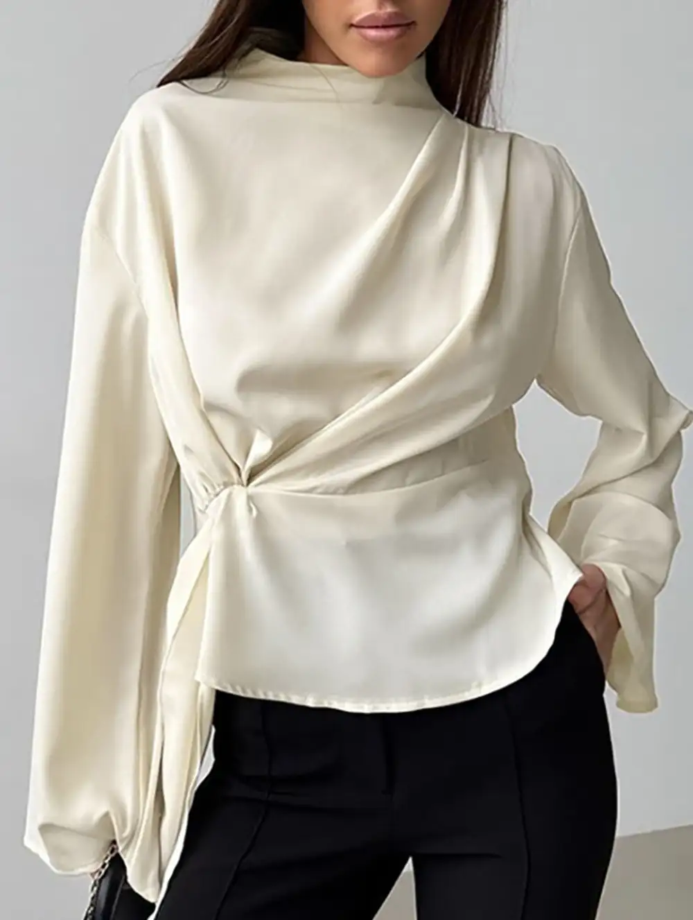 Waist Cinching Long Sleeve Slit Top