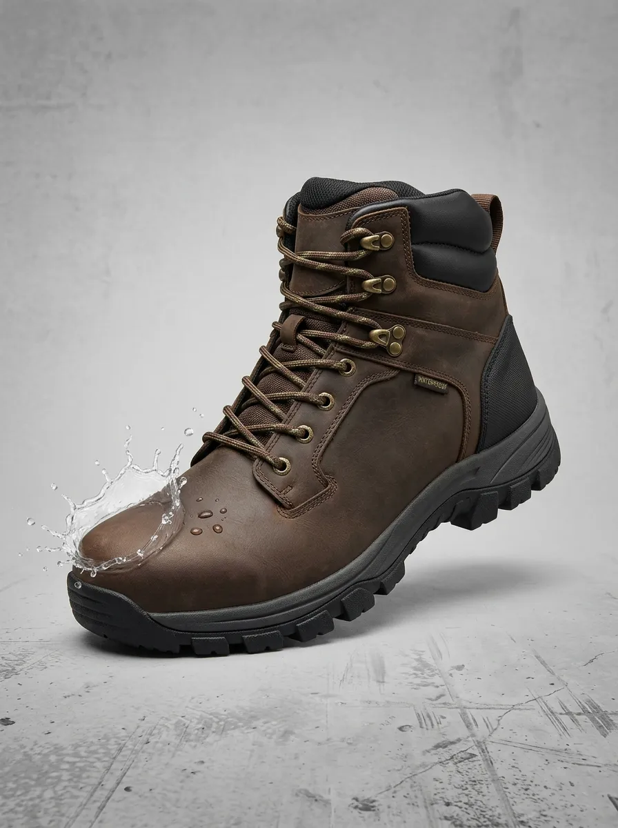 Men's Outdoor Waterproof Brown Leather Work Boots with Printed Detail