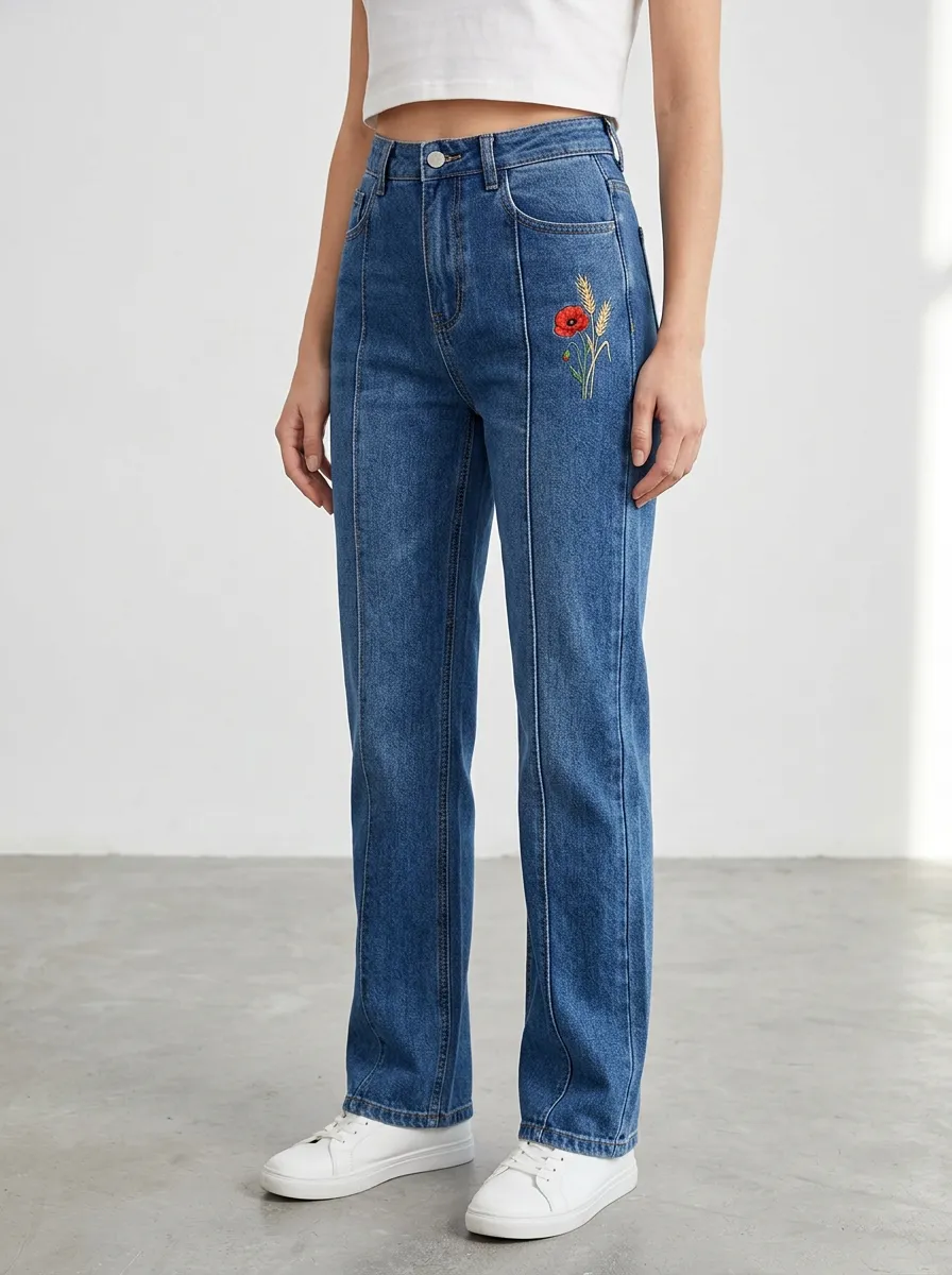 Women's Poppy Wheat Embroidered Front-Seam High-Rise Straight-Leg Jeans