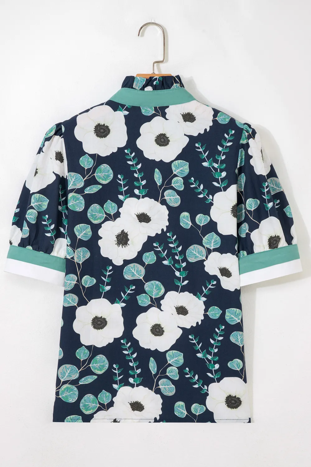 Blue Floral Print Striped Patchwork Blouse