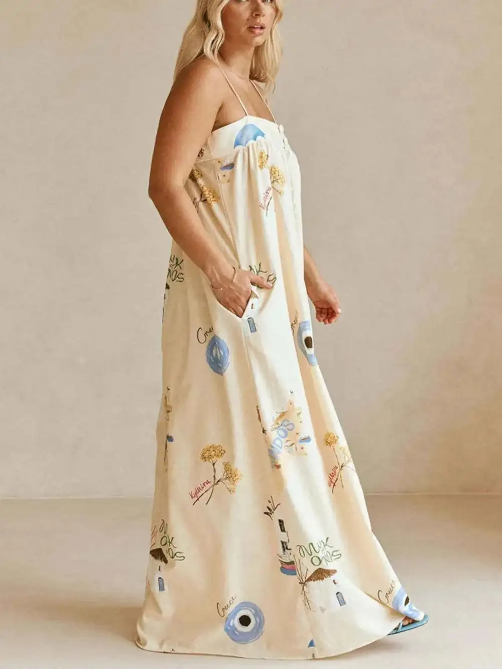 Bohemian Printed Cami Maxi Dress with Pockets
