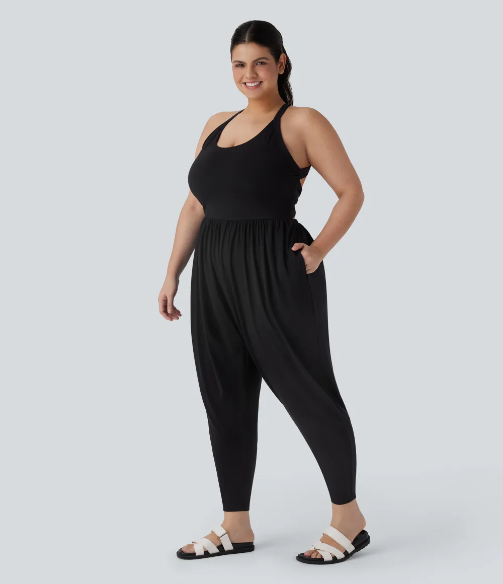 Backless Twisted Harem Casual Plus Size Jumpsuit with Side Pocket-Easy Peezy Edition