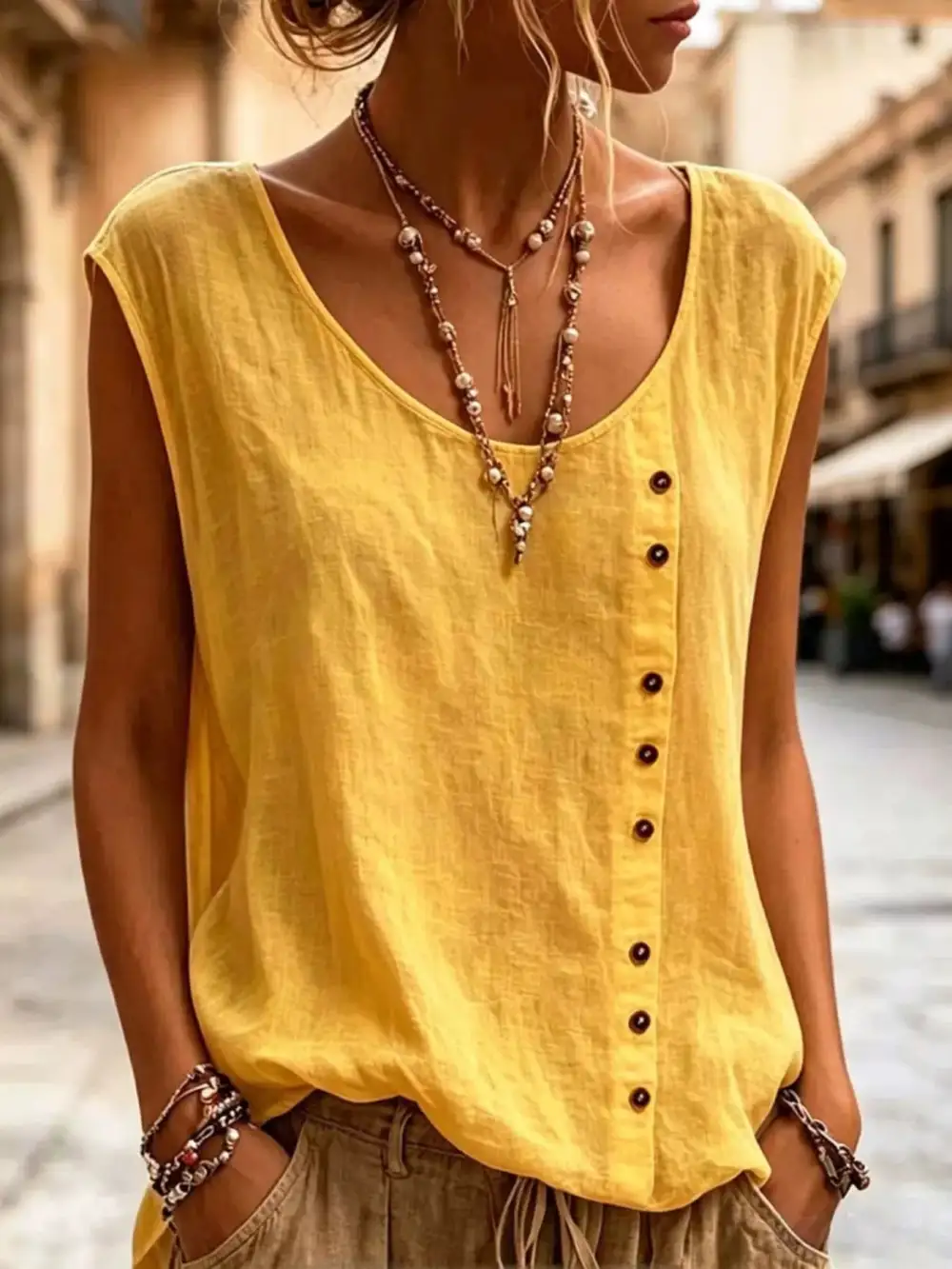 Round-Neck Button-Detail Tank Top