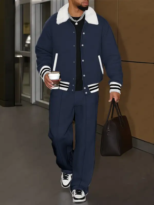 Brushed-Trim Cotton Jacket & Pants Set